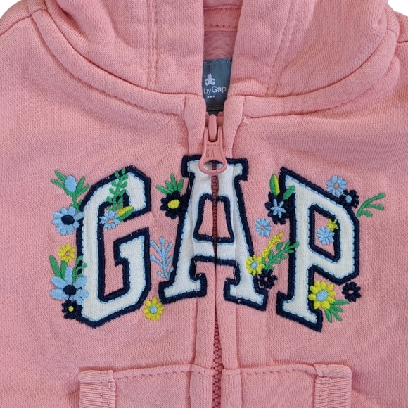 0-3 Months Baby Gap Pink Zip Up Hoodie with Embroidered Floral Detail - Picture 2 of 4
